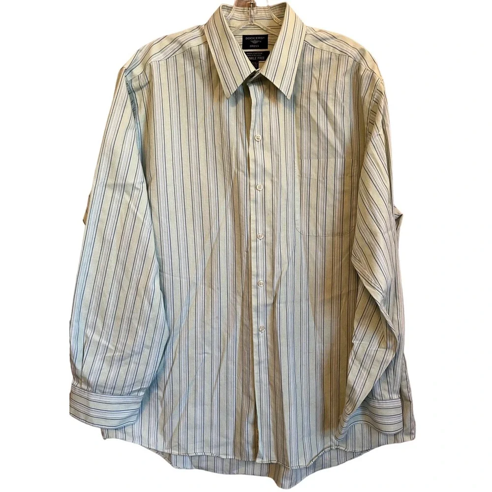 Dockers Dress Shirt Mens 16-16.5 34/35 Yellow Blue Striped Long Sleeve Career